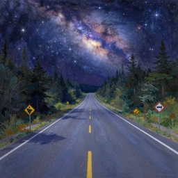 a cosmic highway winding into the distance by thomas kinkade