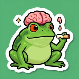 Pop Wonder, SVG vector sticker, a goopy super wrinkly frog bog swamp Monster, red eyes stoned monster passing the joint to the man in his brain with dripping brains and spaced out head