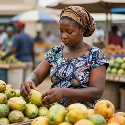 nigerian woman in lagos market nigeria buying fruit