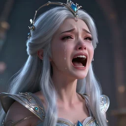 young princess with silver hair, crying expression, screaming expression, tears down face, intricate clothing, fantasy, headpiece, digital 2 d illustration, 4 k, hyperealistic, octane renderer, artstation trending, cinematic moody lighting, reflections, particles, style of dropdeadcoheed, tom bagshaw, wlop, jeremy lipkin, vurdem, artgerm