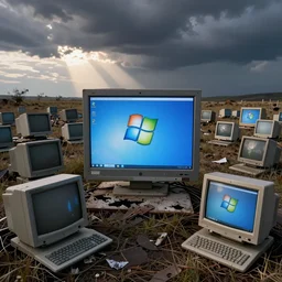 windows xp screensaver with many broken dilapidated old computers graveyard, wide angle lens