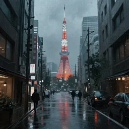 a gloomy rainy day in tokyo streets, concept art, digital painting, trending on artstation, deviantart, epic composition, extremely detailed, volumetric lighting, masterpiece, octane render