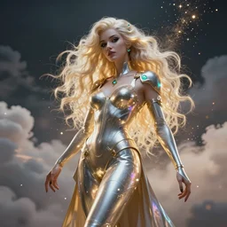 a beautiful female goddess of the daft punk character, character is in all its glory, character is in her natural relaxed pose, rim lights, particles and dust in the air, fancy clouds, highly detailed professional photo, dynamic lights, particles are flying, depth of field, trending on artstation, professional illustration, hyper realistic, vray caustics, super detailed, colorful accents, cinematic shot
