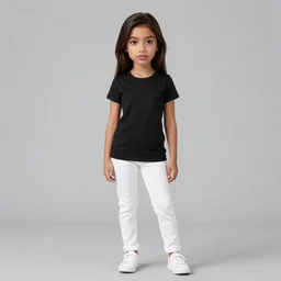 tall slim white 2 0 years old girl, pretty girl, dark brown hair, dark brown eyes, tanned skin, straight long hair, septum piercing nose, big shaped lips, stylized dark eyebrows, black top t shirt, white pants, white sneakers,