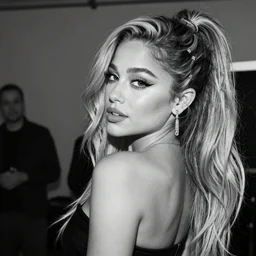 ariana grande recursive photo beautiful ariana grande photo bw photography 130mm lens. ariana grande backstage photograph posing for magazine cover. award winning promotional photo. !!!!!COVERED IN TATTOOS!!!!! TATTED ARIANA GRANDE NECK TATTOOS. Zoomed out full body photography.