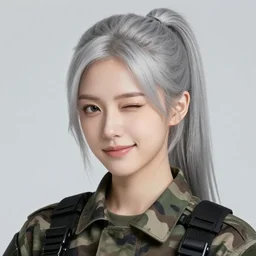 girl, silver hair (ponytail), (winking), multicam (camo), trending on artstation, detailed, cinematic full body shot, ilustration by (Takehiko Inoue) (((and Yoann Lossel))) ((and Yoji Shinkawa))