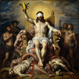 jesus christ wearing blindfold!!!!! holding cornucopia!!!!!!! sitting on a huge!!!! throne of entwined bodies, blood, viscera, corpses piled, horrific, elegant!!!, ominous, highly detailed painting by goya!!! phil hale!! gaston bussiere, craig mullins, j. c. leyendecker, 8 k, visible brush strokes