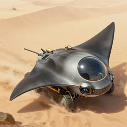 manta ray shaped refuse collecting robot machine in the desert, dome portholes, brass pipes, wires, detailed illustration, concept art, muted colour palette, highly detailed,