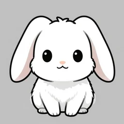 innocent-eyed fantasy creature with pure white fur coat, drooping rabbity ears, and cute little fangs. Vector art, svg. Cartoon character concept.