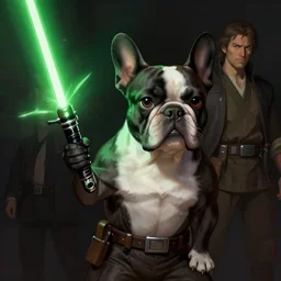 character concept portrait, jedi french bulldog holding up a green lightsaber in the dark. in the style digital painting, concept art, smooth, sharp focus, illustration, from metal gear, by ruan jia and mandy jurgens and william - adolphe bouguereau, artgerm