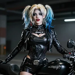 cosplay on black harley queen, high detail of the face, full body, high detail, high modernization, cinematic, dynamic lighting, ultra mega super hyper realistic