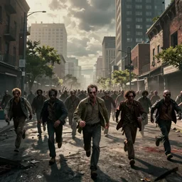 survivors running from a horde of zombies, city, detailed