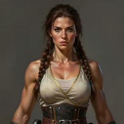 painted portrait of rugged thick [ roided ] and [ veiny ] beautiful female weightlifter [ lara croft ], long hair, upper body, robe fantasy intricate elegant highly detailed digital painting, artstation, concept art, smooth, atmospheric lighting sharp focus illustration art by craig mullins greg rutkowski