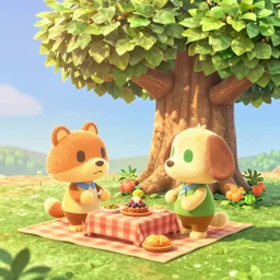 two animal crossing characters having a picnic under a big tree. game art, 3 d render, cute. golden hour, volumetric lighting, god rays, outdoor picture