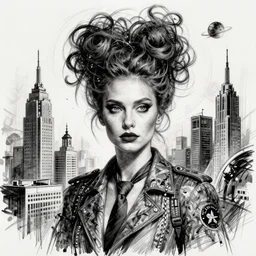 a sketch, ultra detailed, fashion, magic, universe, beautiful woman, similar to vladimir putin weird haairstyle, surreal city, in style of jean - michel basquiat, trending on artstation