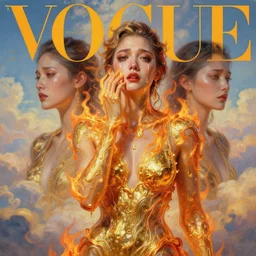 3 d, crying fashion model, flame, liquid gold, morning, vogue cover style, poster art, high detail, intricate oil painting, multiple exposure, heaven mood, hyperrealism, 3 d, by tooth wu and wlop and beeple and greg rutkowski