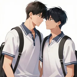 boy's love anime high school noon, high detail concept art, perfect proportions fine face, athletic tall handsome guys, close together romantic undertones, playful interaction, avant uniform, vivid colors, realistic shaded lighting poster fantasy art kazue kato, katsuhiro, jeremy lipking and michael germash, makoto shinkai, loish and clamp style, best selling artist