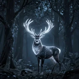 dark trees with a majestic deer glowing in the dark, spirit animal, stag in a dark forest, hart, venison, by stanley artgerm lau, wlop, rossdraws, james jean, andrei riabovitchev, marc simonetti, and sakimichan, trending on artstation