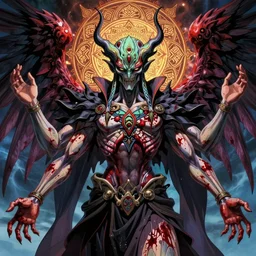 4 k colored headshot of godlike cthulhu with defined arms and open hands and bloody clothes with giant mandala wings, intricate face, flawless anime cel animation by kentaro miura, psychedelic, highly detailed upper body, professionally post - processed, beautiful, scary, symmetry accurate features, epic, octane rendered, anime masterpiece, accurate