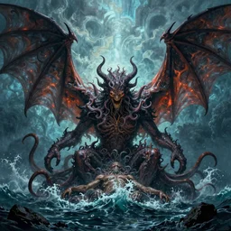 Cthulhu rising from his eternal slumber spreading his batlike demon wings above the ocean, intricate detailed painting movie poster, golden ratio, trending on cgsociety, majestic, dark epic fantasy, trending on artstation, by Zdizslaw Beksinski, Darius Zawadzki and Drew Struzan, highly detailed, vibrant, cinematic quality character render; low angle; ultra high quality model; production quality cinema model
