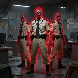 zombie security officers with a glowing red aura in beige uniforms in a brutalist office setting trending on artstation digital painting