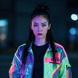 photo portrait of an Asian woman with long Mohawk down hair wearing neon cyberpunk jacket, cinematic shot, night lighting, dslr bokeh depth of field
