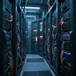 a photo of the interior landscape of dystopian server racks with cables everywhere, 8 k, glowing, atmospheric, cinematic, bokeh, highly detailed, futuristic.
