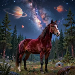 psychedelic, trippy, cowboy, pine forest, velvet horse, planets, milky way, cartoon by rob gonsalves