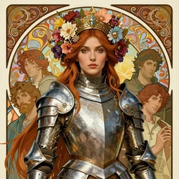 face portrait of a beautiful mysterious woman warrior in armour with flowery headgear, by eve ventrue, michael carson, andreas rochas, john watkiss, casey weldon, artgerm. art nouveau. tarot card by mucha. gloomhaven. swirly intricate linework background. gaudy colors, sharp edges. octane render