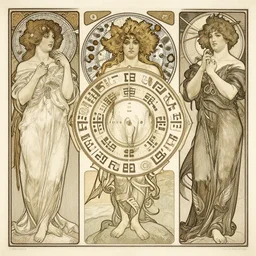 a detailed etching of i - ching hexagram 1 qian the creative, by alphonse mucha, rodolphe bresdin and harry clarke, art nouveau, highly detailed