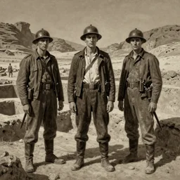 ultra detailed photorealistic sepia - toned painting from 1 9 1 7, three british soldiers standing at an archaeological dig site in wadi rum, ultra realistic, painted, intricate details, lovecraft, atmospheric, dark, horror, brooding, highly detailed, by boris vallejo