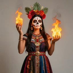 a beautiful mexican goddess | she represents death and fertility | she appears as the fire goddess | a young beautiful indigenous mexican woman | big daddy roth | surreal object photography | contemporary photographic art | diego rivera | mad magazine