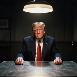a film still from a 1 9 4 0's film noir movie with donald trump sitting at a metal table in an dark interrogation room with a hanging light shining on him illuminating his face