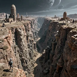 deep canyons on an alien planet landscape with bizarre buildings and walking humanoids. Jeffrey Smith, Stanley Donwood
