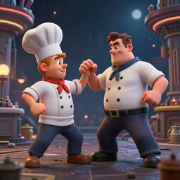 high detail ue 4 cgi render chef boy ardee fighting peter griffen at night in the hyperbolic time chamber