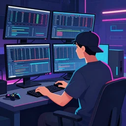 a man sitting on his computer with a backwards hat staring at several computer monitors showing crypto trades, illustration, colourful, chill, anime asthetic, neon glow, gamer, playstation 2