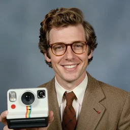 Gru in the 1970s with a combover, 1970s glasses, and a 1970s blazer, while smiling for a photograph, Polaroid Camera, Photograph, Portrait, High School Photo, 1970s, 4k Resolution, 8k Resolution, Trending on Artstation, Realistic, Hyperrealistic, Very Detailed, Highly Detailed, HD Quality