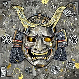 a hyperreal samurai mask with kintsugi gold repairs