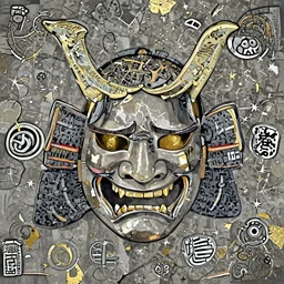 a hyperreal samurai mask with kintsugi gold repairs