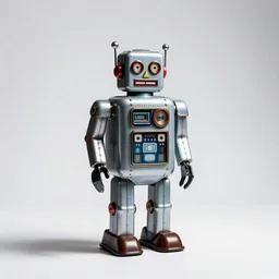 young retro tin robot, cinematic studio photo, full body, standing, isolated on a pure white background, centered, whole figure in frame, sharp focus, studio lighting