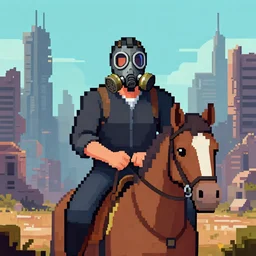 Portrait of a Man in gas mask riding a horse in front ruined future city, pixel art