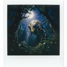 an insect forest god, insectile head materialising from the canopy, mingles with branches and leaves and moonlight ; corporeal chitinous flesh spun solid from beam and vapour. he manifests in moonlight, night time photography eerie 4 k haunted polaroid