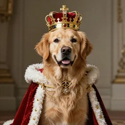 Photomanipulation of golden retriver king , is dressed as a king, ultrarealism, photorealism, detailed, crown and gown