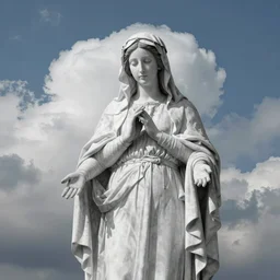 black and white virgin mary background rendered with volumetric clouds and blue sky