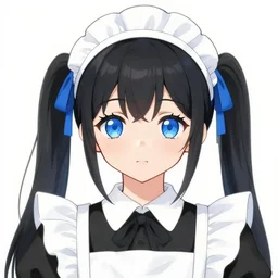 zoomed outbust shot of a blue eyed cute anime maid girl with black hair twintails and blue accents, large cowlick, ruffled shoulders, maid headdress. delicate lineart, anime art, finely drawn ( digital ), pointy chin. round face drawn by zeronis