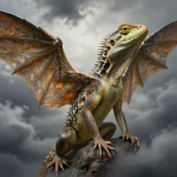 lizard close up portrait, hudson river school, large wings, creature storm clouds, d & d, fantasy, greg rutkowski, alphonse mucha, high quality, realistic, elegant