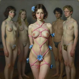 pop surrealism, lowbrow art, realistic seductive cute woman looking painting, pink body harness, japanese shibari with blue flowers, hyper realism, muted colours, rococo, natalie shau, loreta lux, tom bagshaw, mark ryden, trevor brown style,