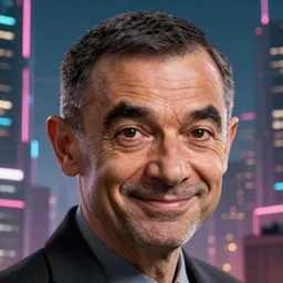mr bean, head and shoulder shot, cyberpunk city, city background, 4k, beautiful face, smiling, hyperdetailed, trending on artstation, digital art