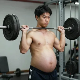 A young Japanese man in his 20s shirtless with a big pregnant belly lifting weights, photographed by Steve McCurry