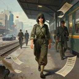revolutionary years, chinese civil war, north korean female spy, train station, street scene, flying flyers, spy with sunglasses walking towards the camera, jodhpurs greg manchess painting by sargent and leyendecker, cyberpunk 2 0 7 7 concept intricate elegant illustration forza, by greg rutkowski by greg tocchini by james gilleard - n 4
